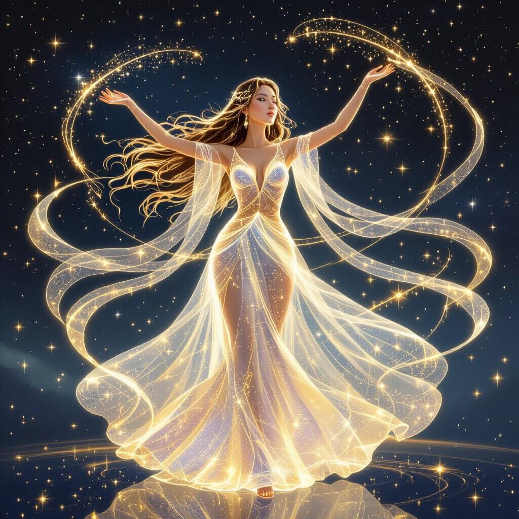 Celestial Woman Dancing in Cosmic Starlight