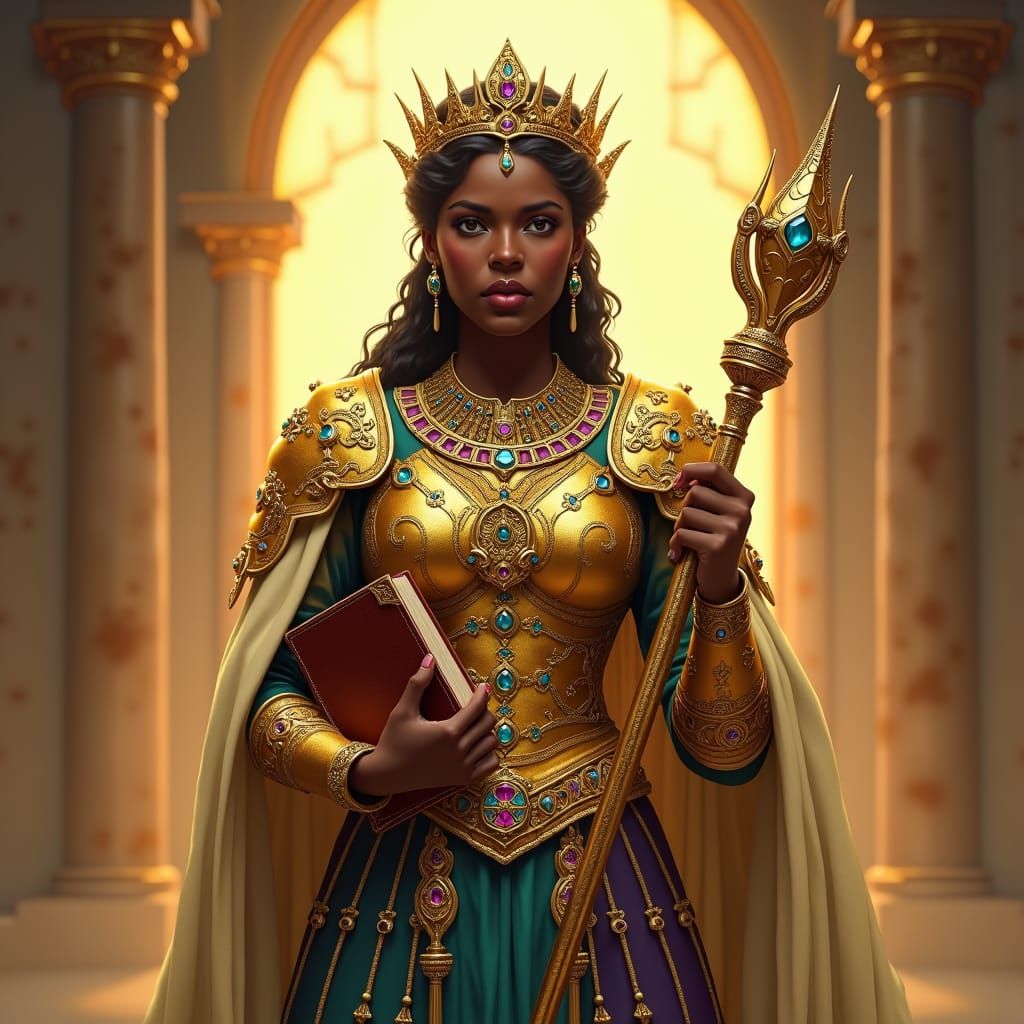 Regal Dark-Skinned Monarch in Golden Armor