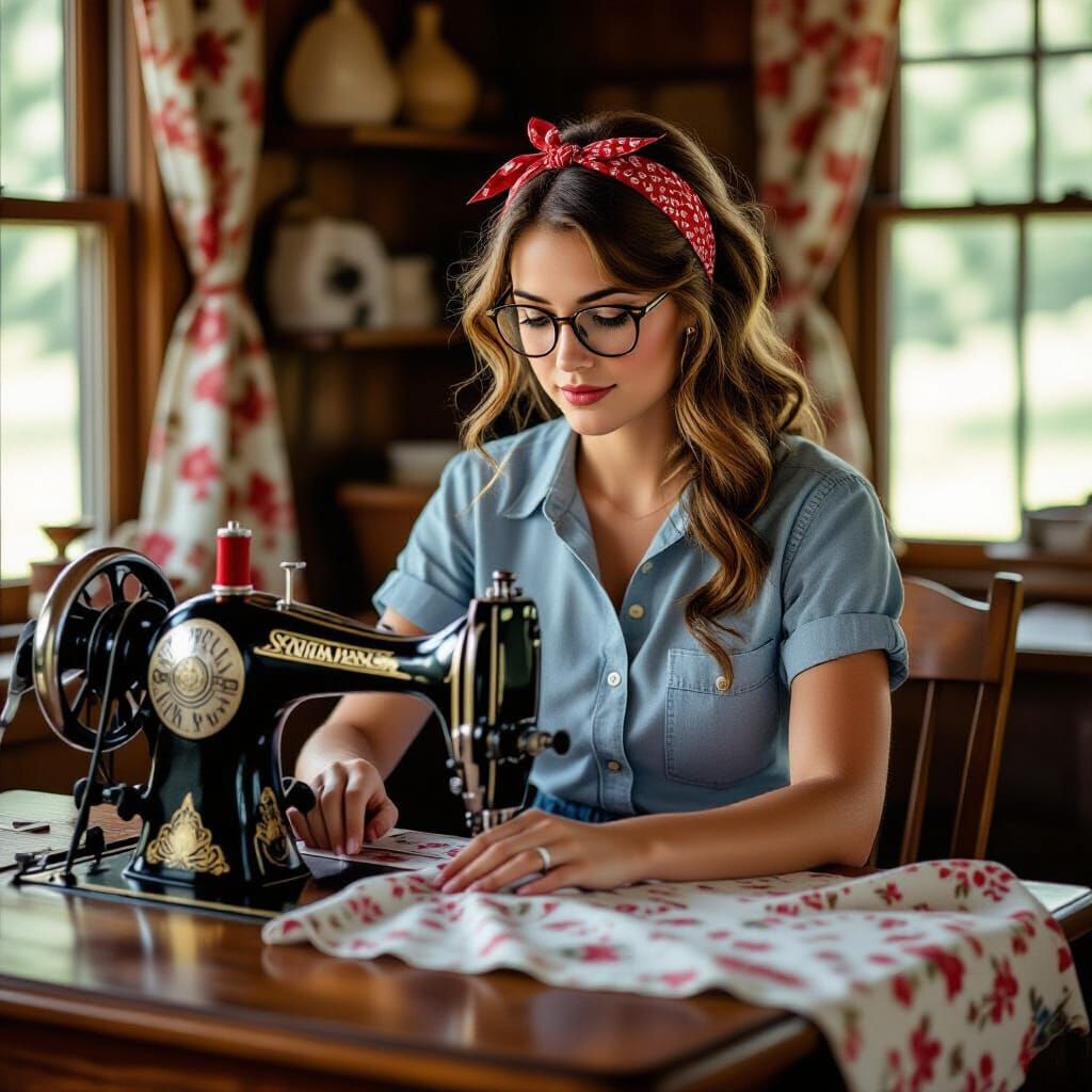 Woman Sewing at Vintage Machine, Rockwell Style