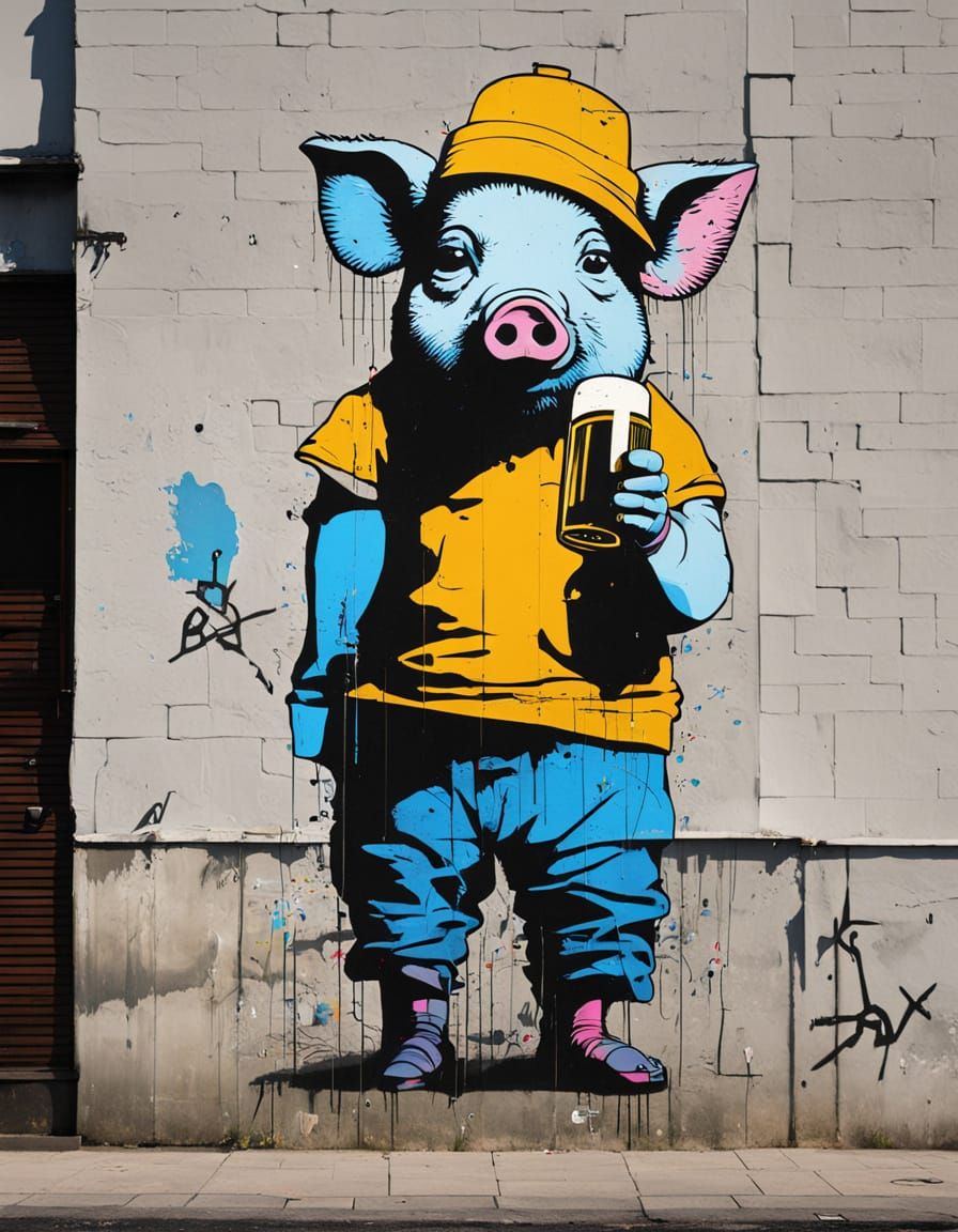 A Drunk Pig in Front of a City Street Billboard