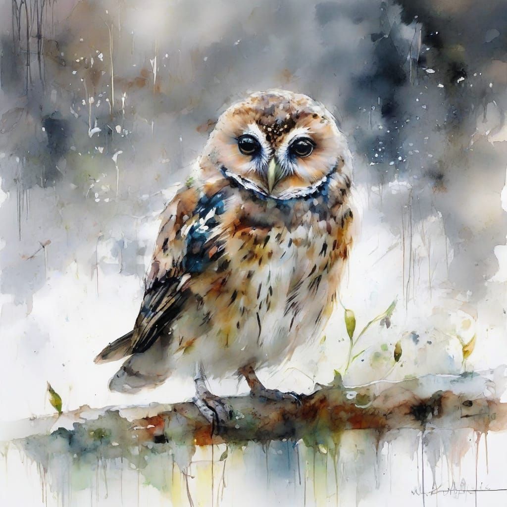 Tiny Owlet on Branch Amidst Snowdrops, Neo-Impressionist Oil...