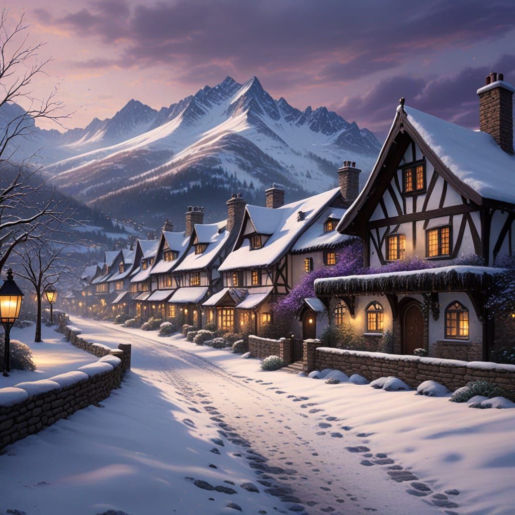 Tudor Village in Snowy Valley: Thomas Kinkade Style
