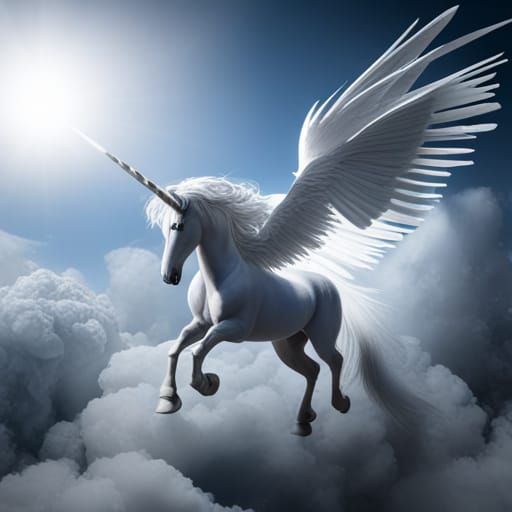 Winged Unicorn Flying Over Clouds: Fantasy Concept Art