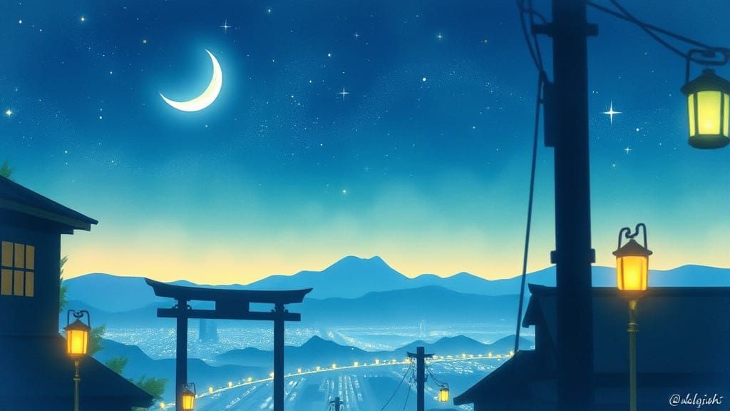 Surreal Anime Cityscape Under Crescent Moonlight