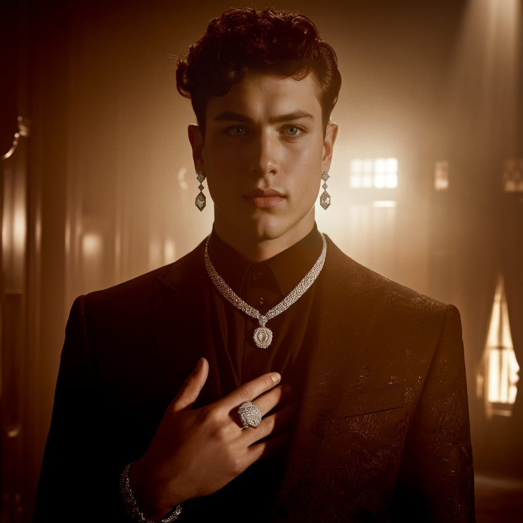 Luxurious Young Man Adorned in Exquisite Diamond Jewelry