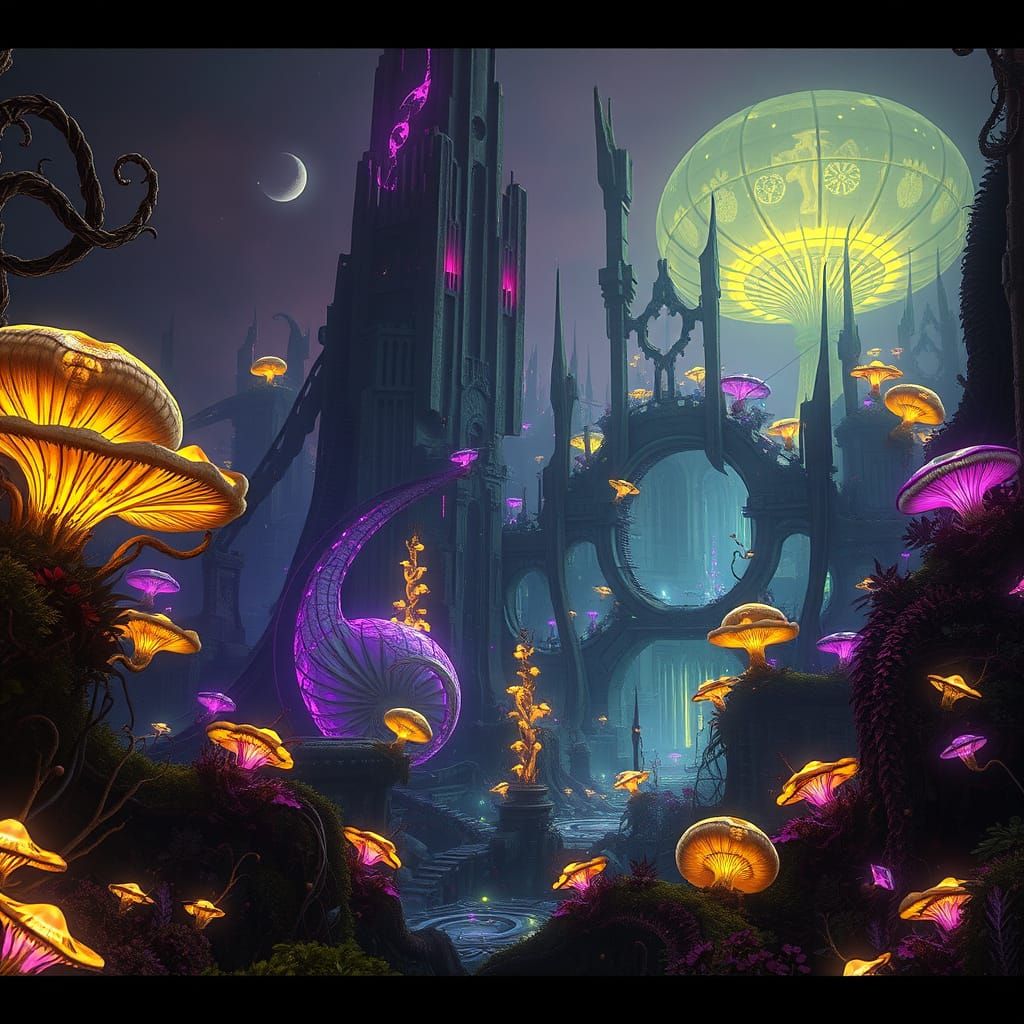 Ruined Futuristic City Overgrown with Bioluminescent Flora