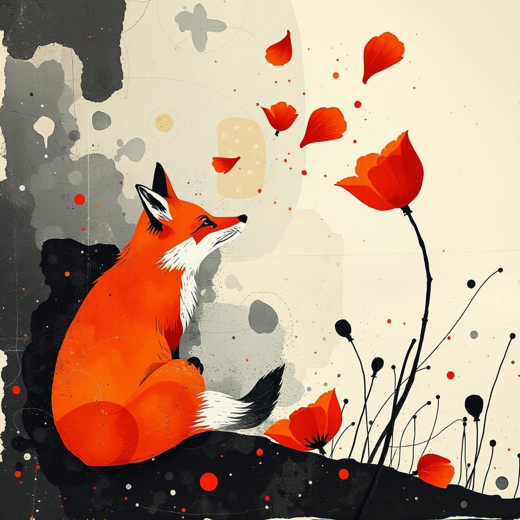 Constructivist Fox Amidst Whirling Poppies