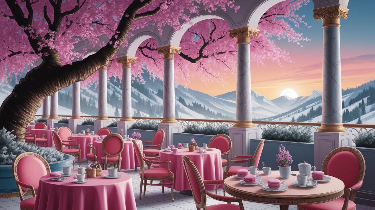 Leroy Neiman Cafe Scene with Cherry Blossom Sunset