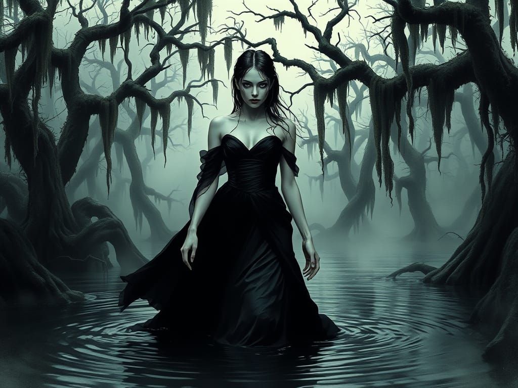 Swamp Woman Emerges, Hypermaximalist Digital Illustration