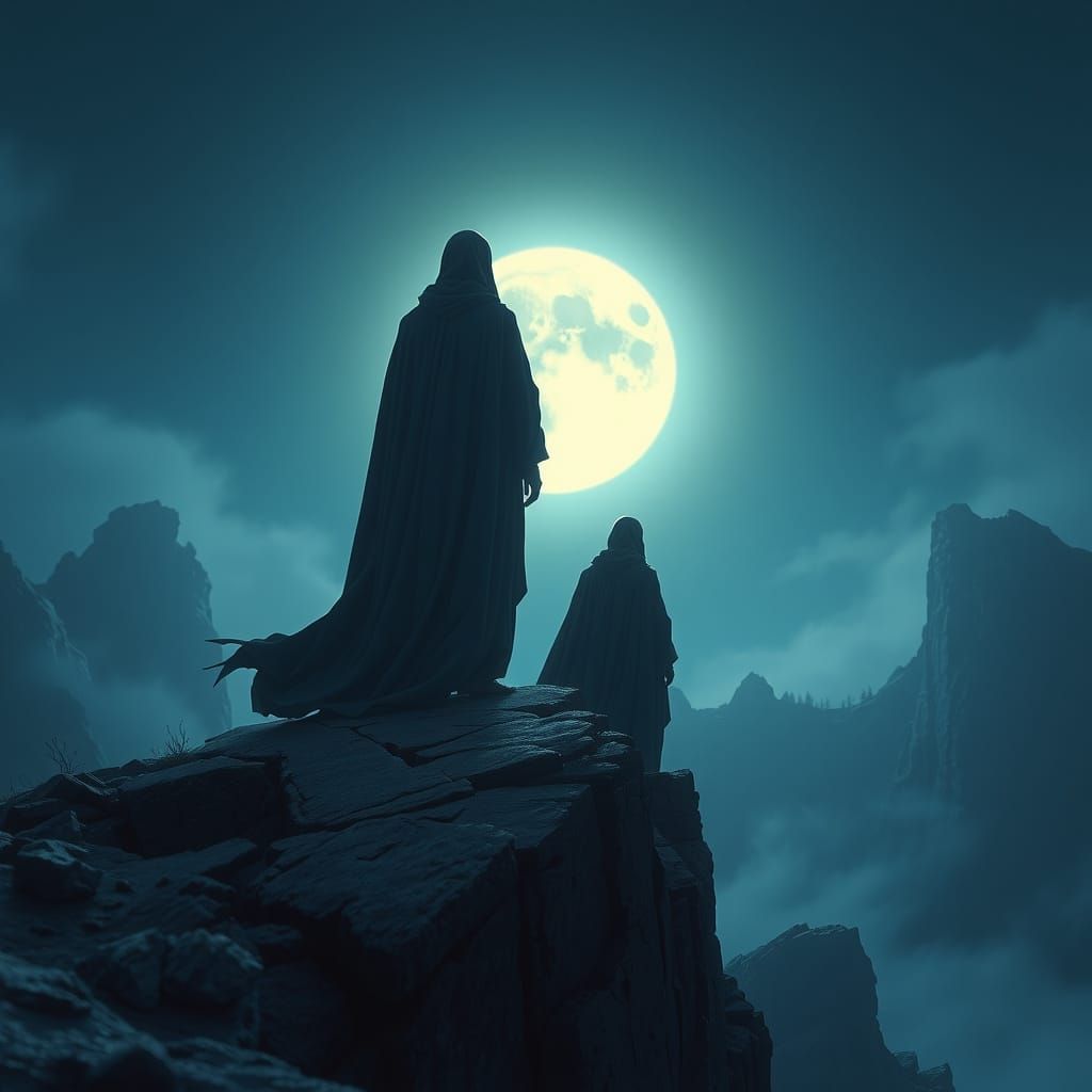 Ethereal Figures Silhouetted by Moonlight