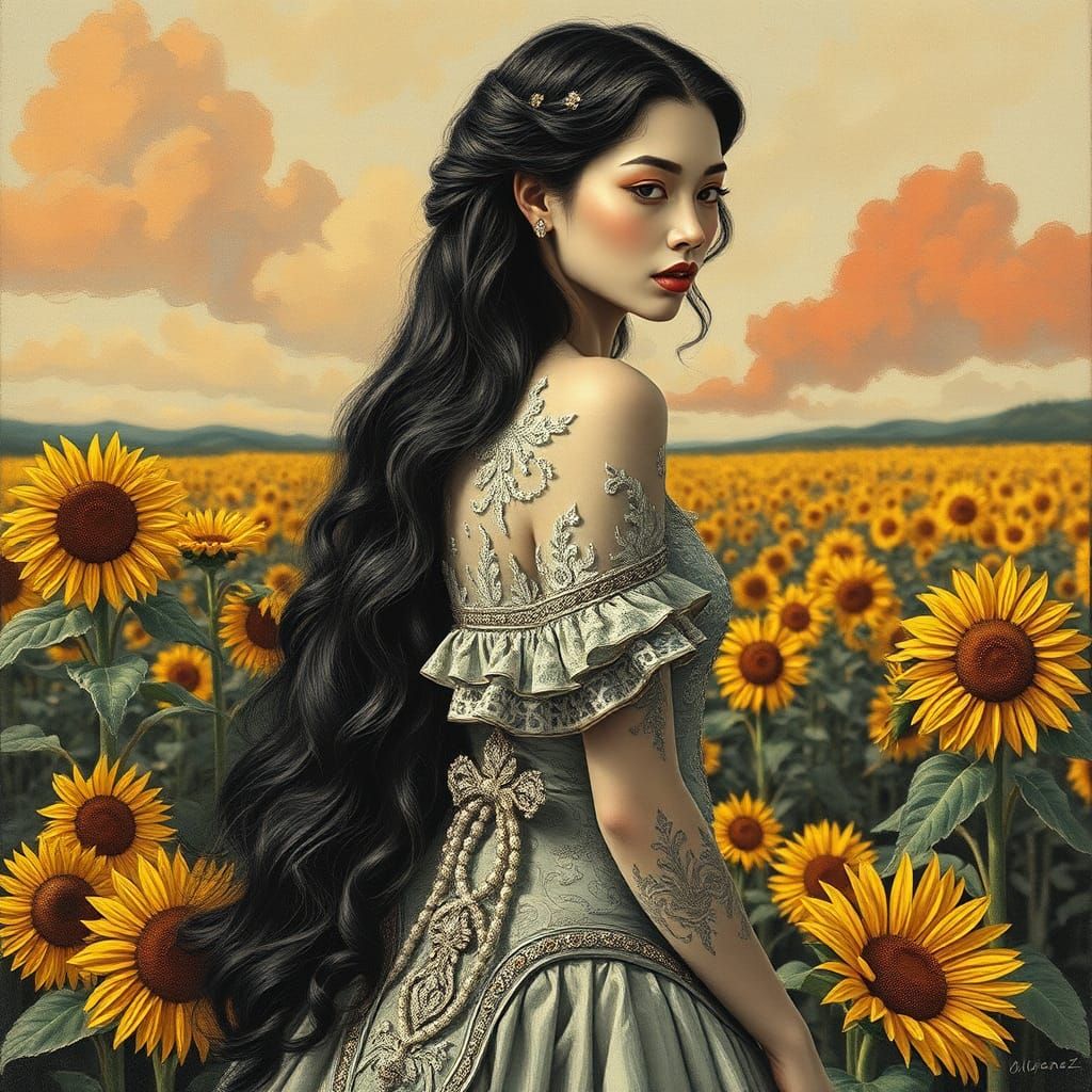 Woman in Sunflowers Field as Impasto Painting