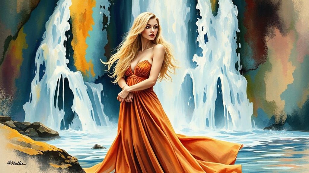 Elegant Woman by Waterfall, Klimt-Inspired Fashion Illustrat...