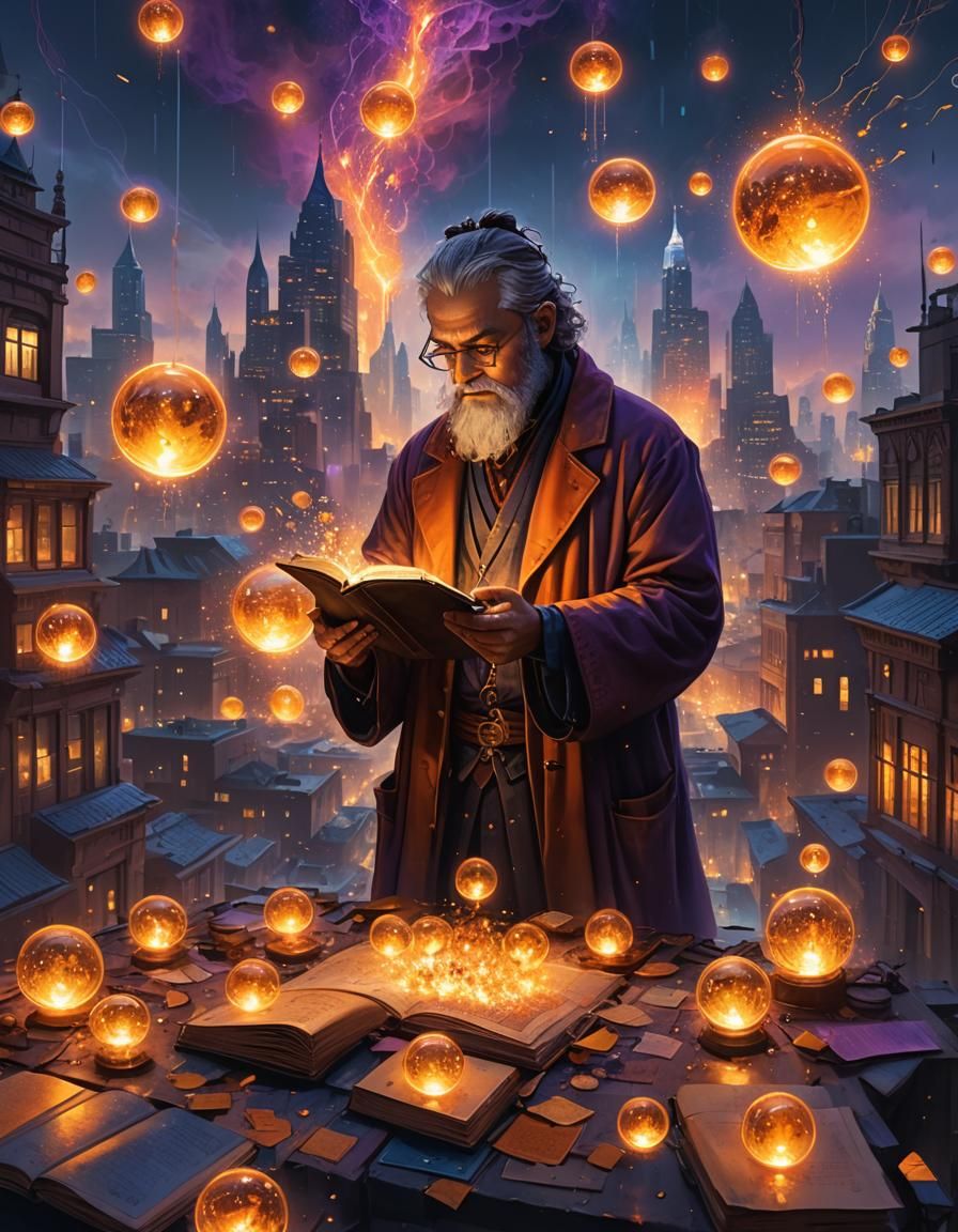 Kabbalist Surrounded by Fire Spheres in Cityscape