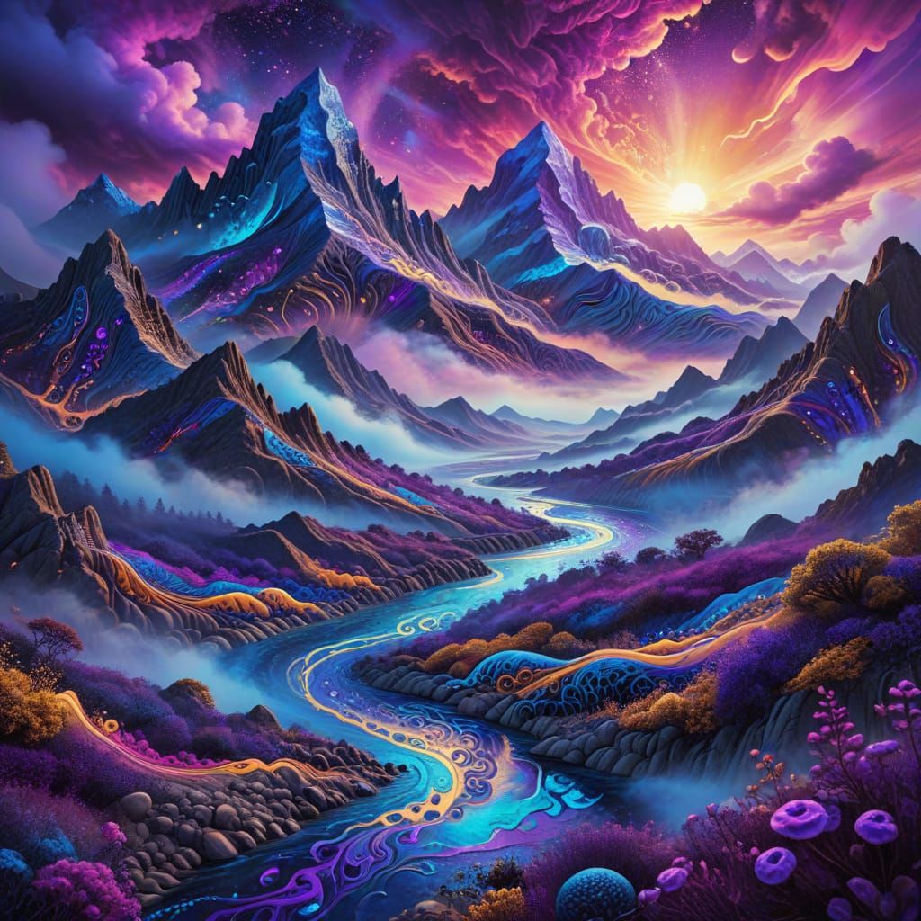 Neon Alien Riverscape in Abstract Expressionism