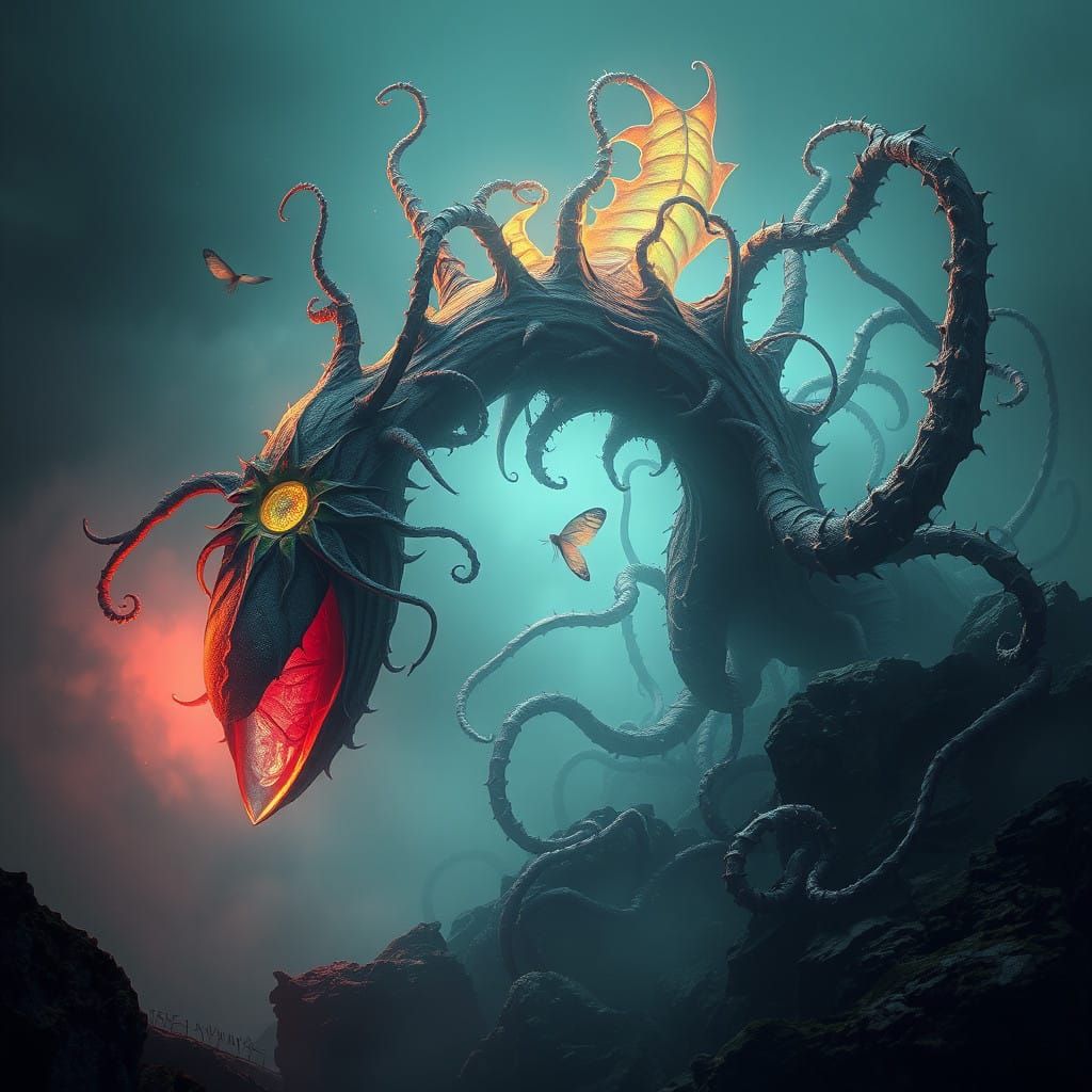 Surreal Carnivorous Plant Conquers Mysterious Landscape