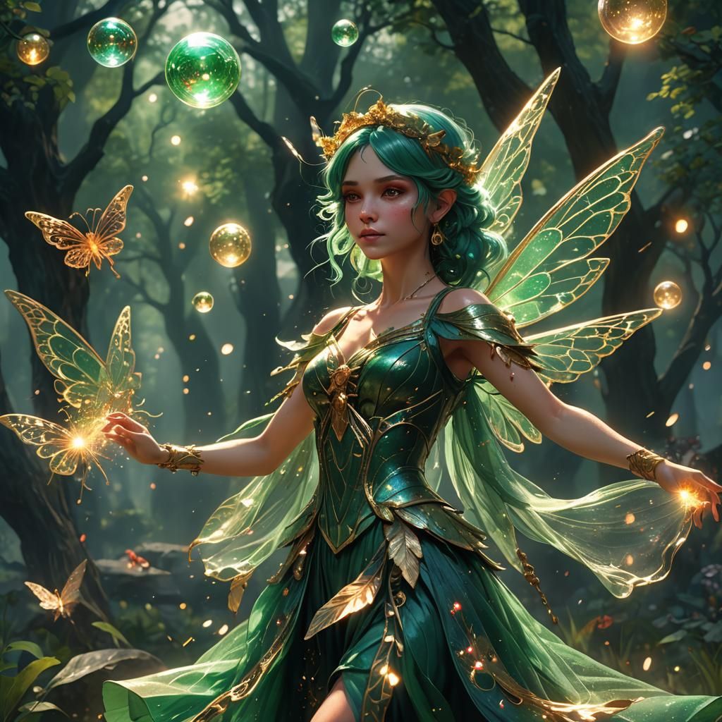 Enchanting Green-Haired Fairy in Nature, Detailed Art