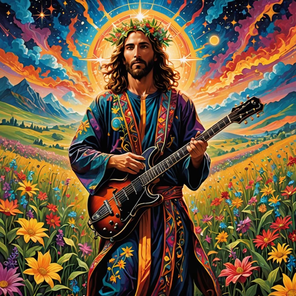 Rockstar Jesus in Healing Field: Mixed Media Impasto