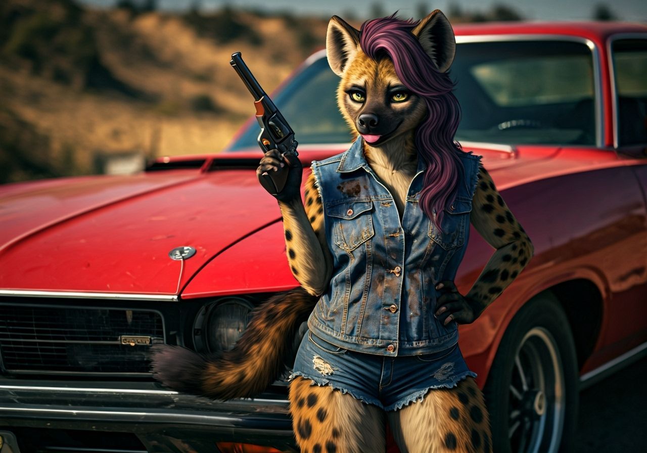 Furry Hyena with Red Gran Torino in California