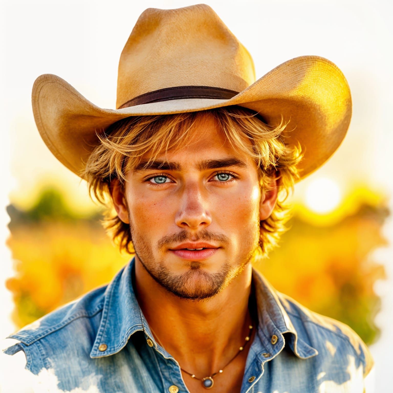 Watercolor Cowboy Portrait with Golden Hour Light