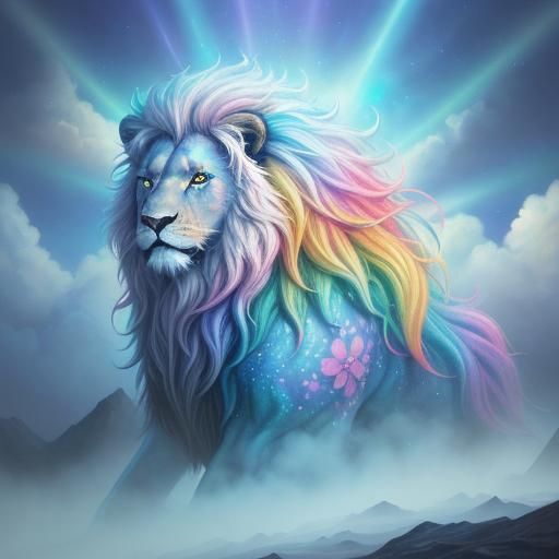 Surreal Lion Emerges from Divine Clouds