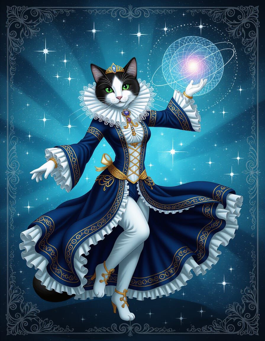 Baroque Gothic Cat Dancing in Cosmic Space