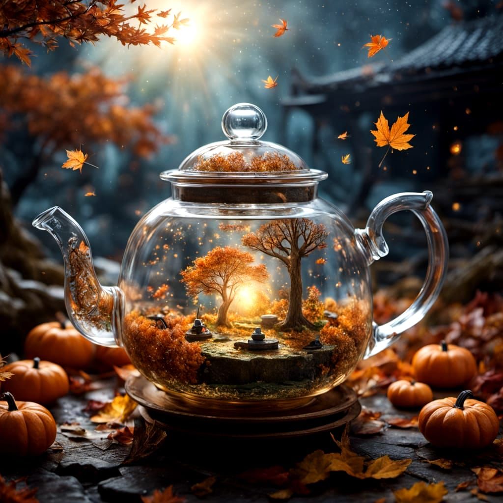 Starry Autumn Landscape Flowing From Teapot