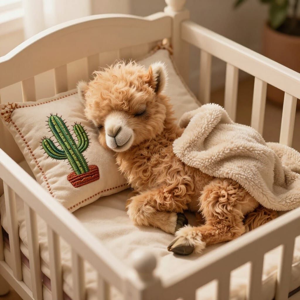 Fluffy Baby Camel Sleeps in Cozy Crib, Surreal Fantasy Art