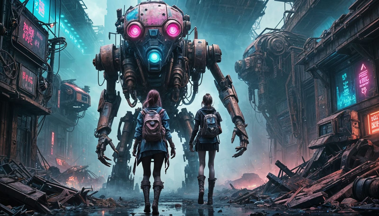 Cyberpunk Woman in Ruins Meets Alien Robot