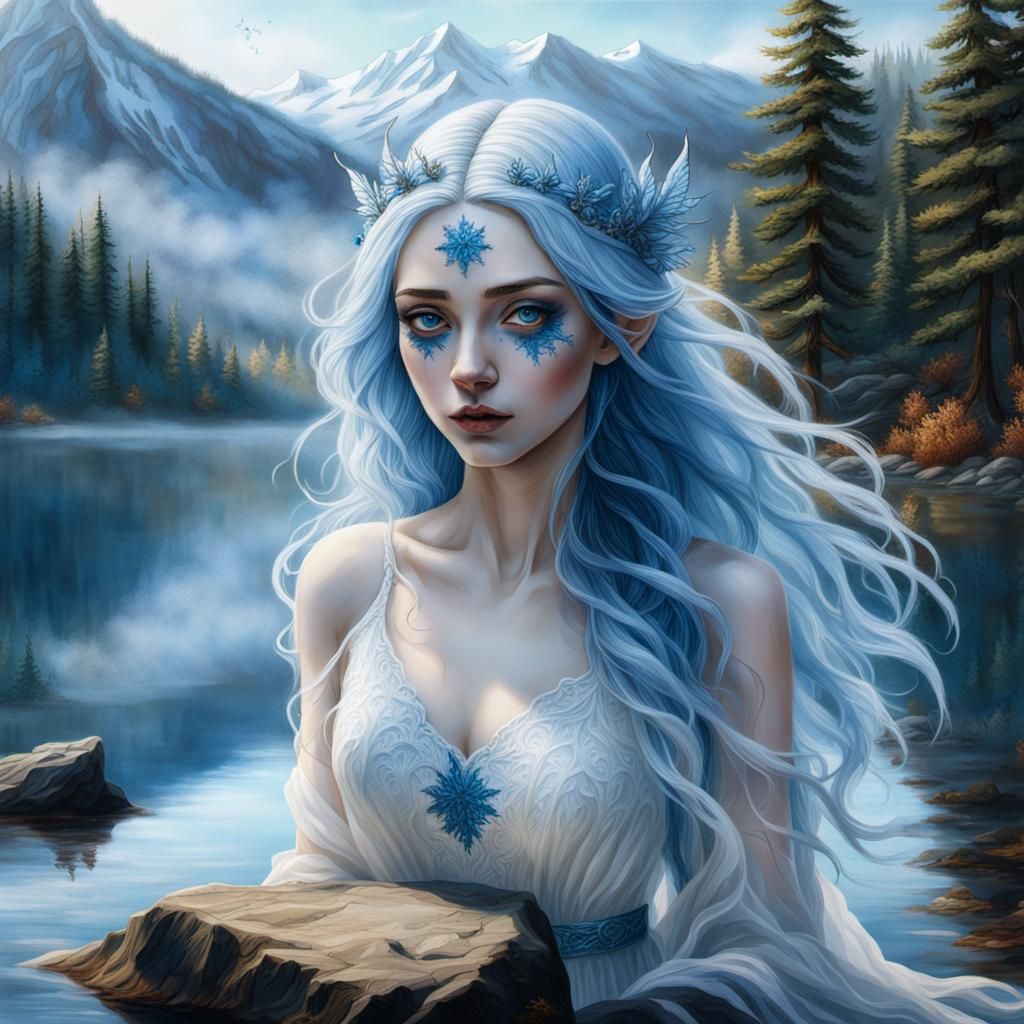 Cold Fairy in Serene Lake: Hyperrealistic Pyrography Artwork