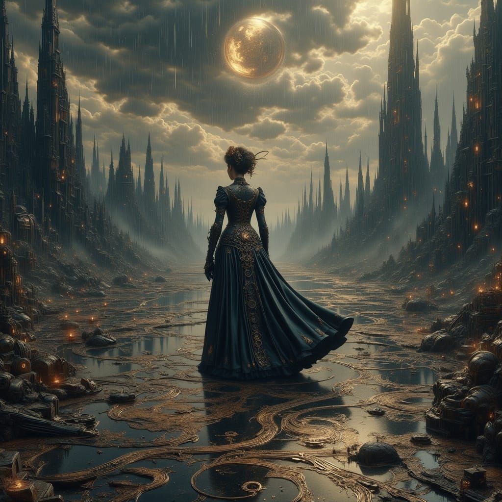 Ethereal Victorian Steampunk Scene with Neon Lights