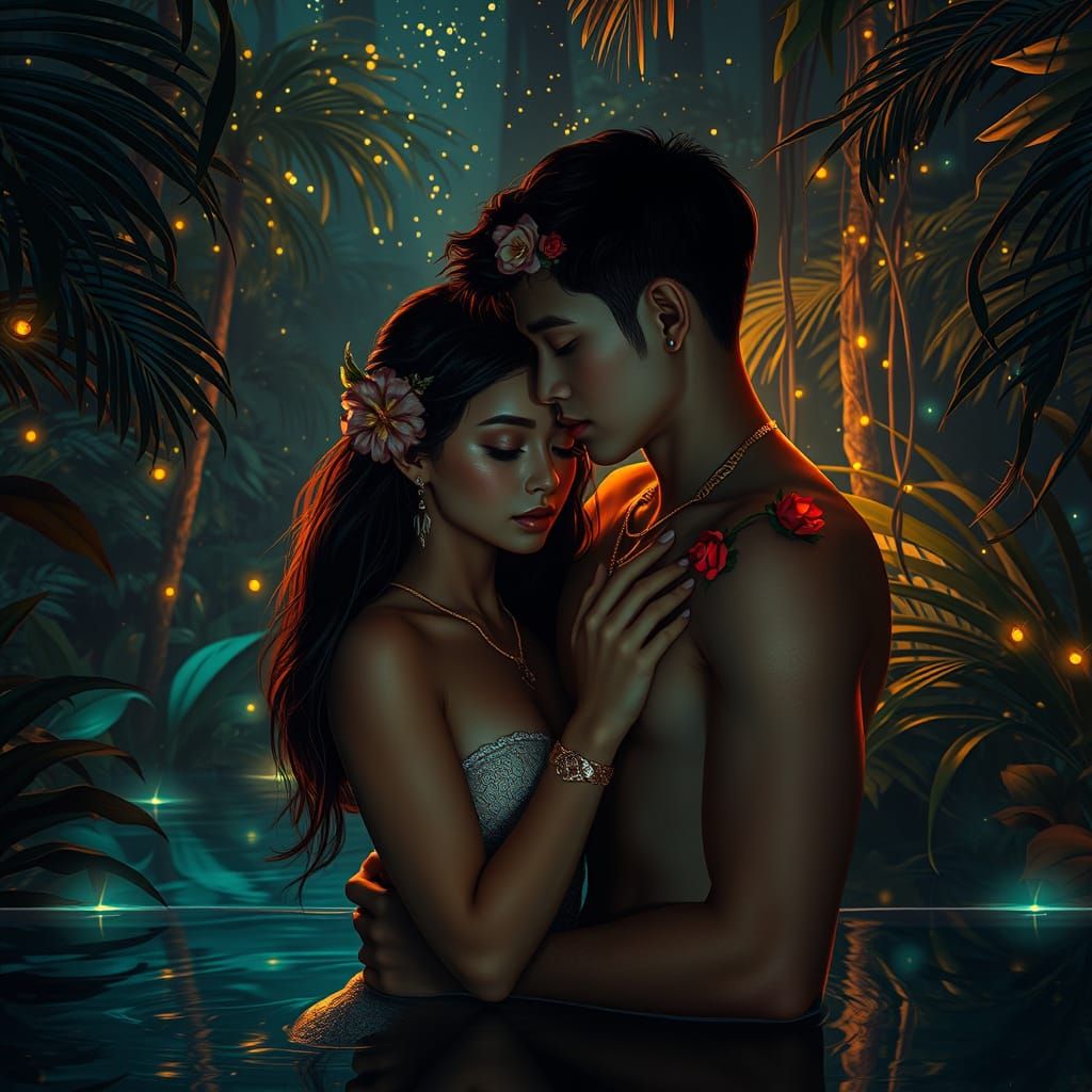 Romantic Bioluminescent Jungle Oasis Under Starry Night Sky