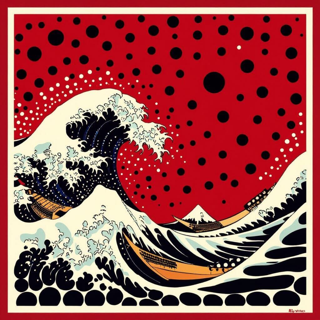 Abstract Red and White Dot Art Poster with Black Wave Patter...