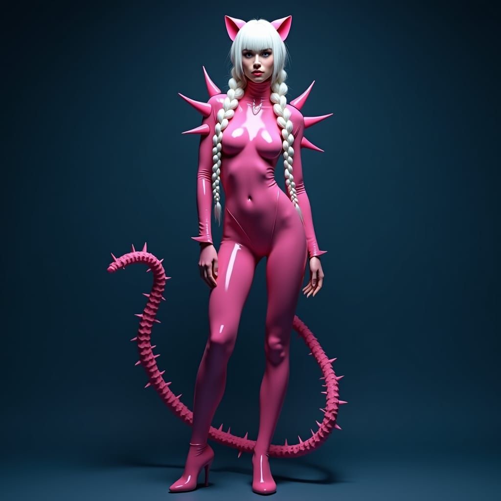Woman in Pink Latex Catsuit, Photorealistic Matte Painting