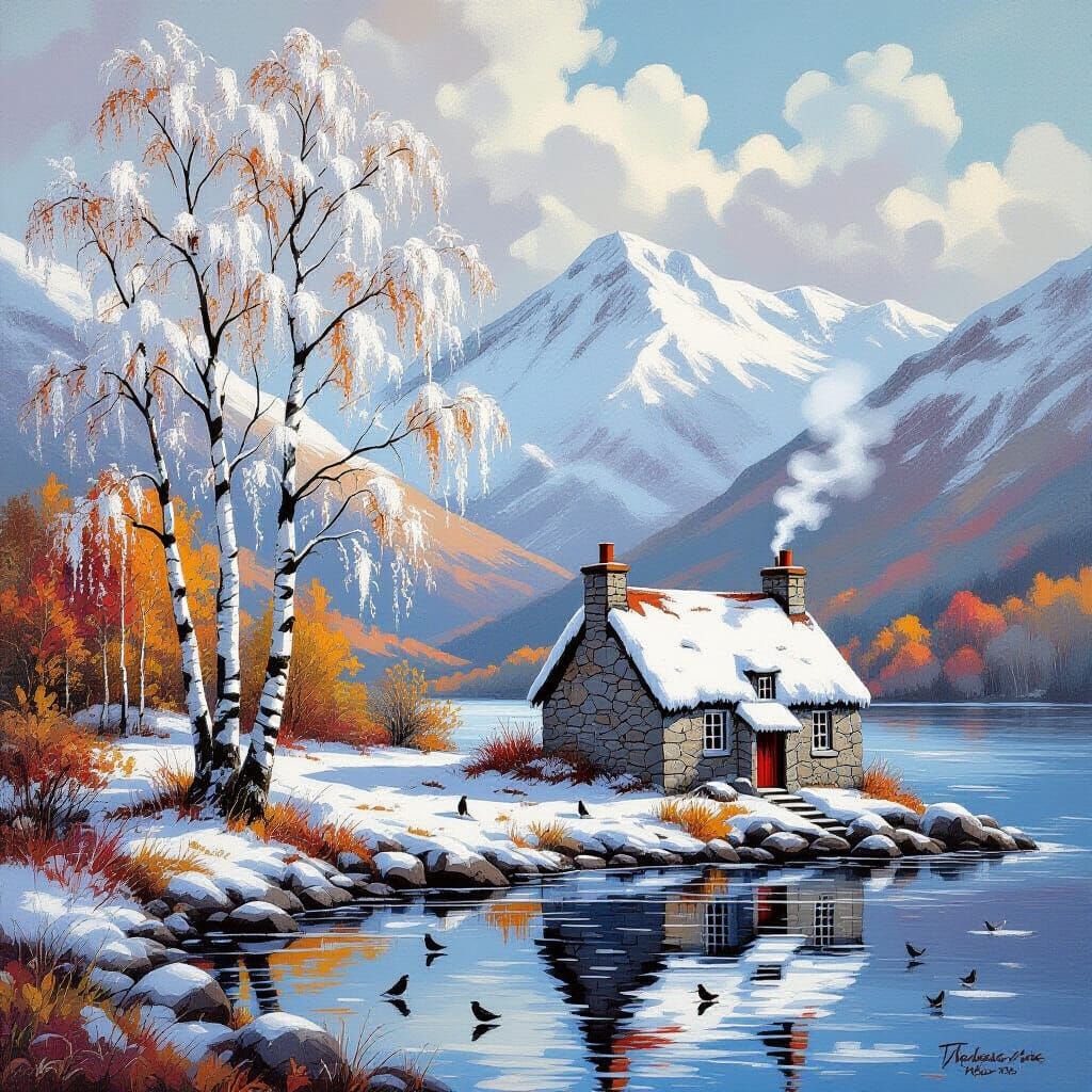 Ethereal Glen Coe Landscape with Snow-Covered Cottage