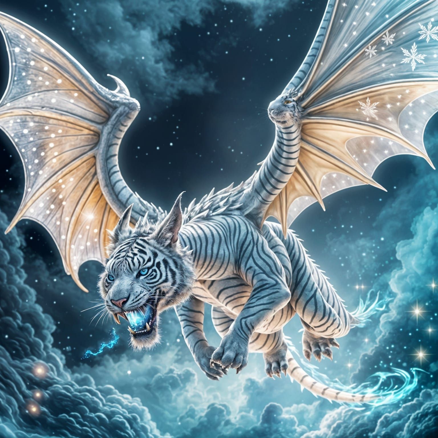 Ethereal White Tiger Dragon Soars in Celestial Realm