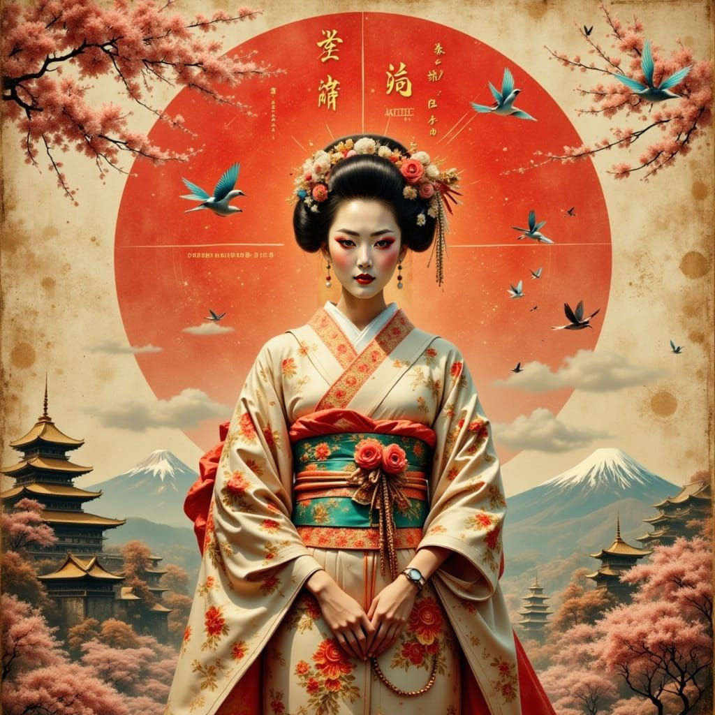 Ethereal Geisha in Vintage Futurism Style