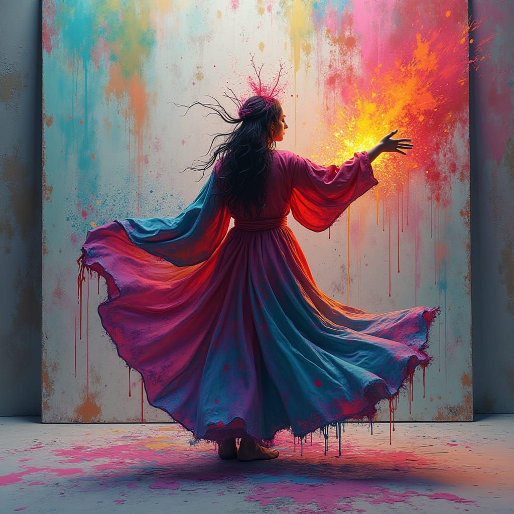 Vibrant Artist Painting with Fiery Brush in Graffiti Style