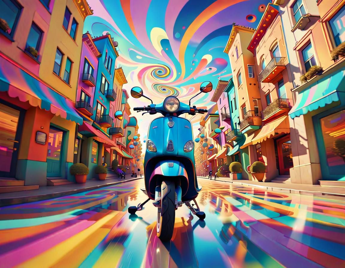 Psychedelic Scooter Ride in Swirling Town Square