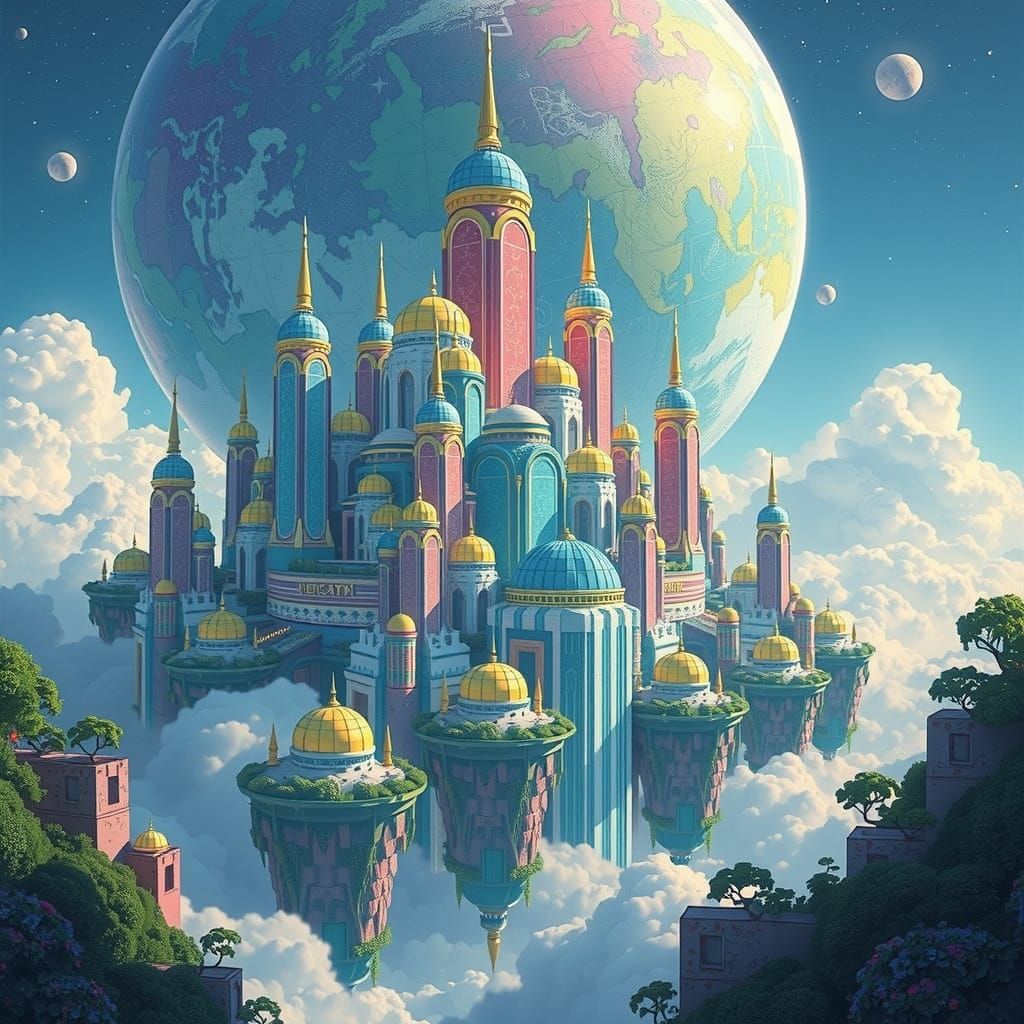 Pastel Floating City with Geometric Architecture