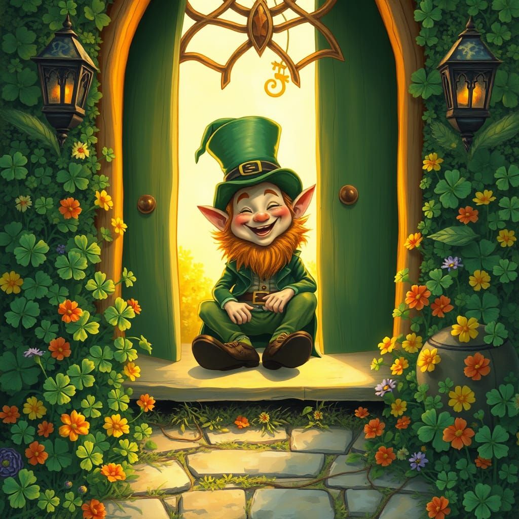 Joyful Leprechaun Surrounded by Whimsical Celtic Details in ...