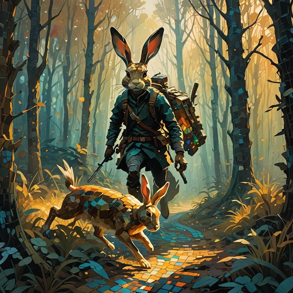 Hunter Chasing Mosaic Rabbit in Surreal Forest