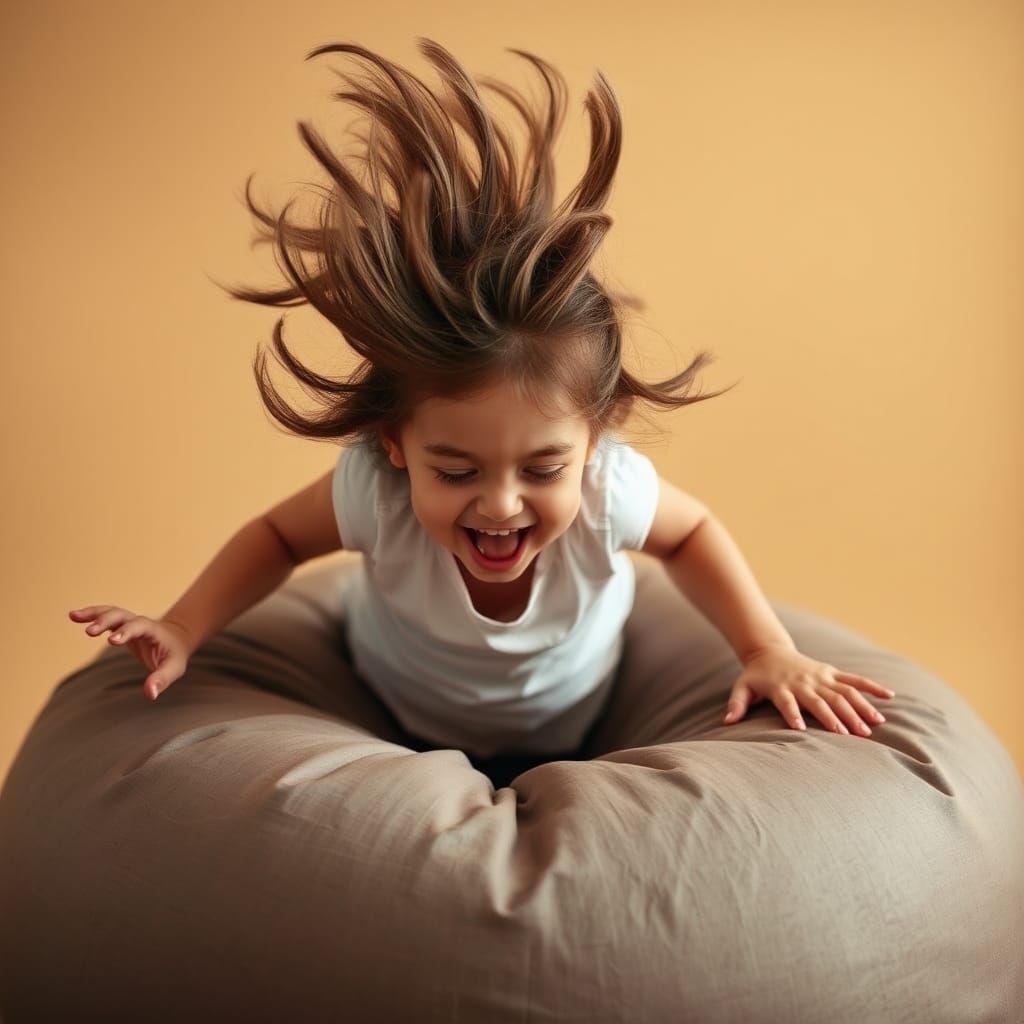 Girl Cannonballing onto Bean Bag, Eyes Closed