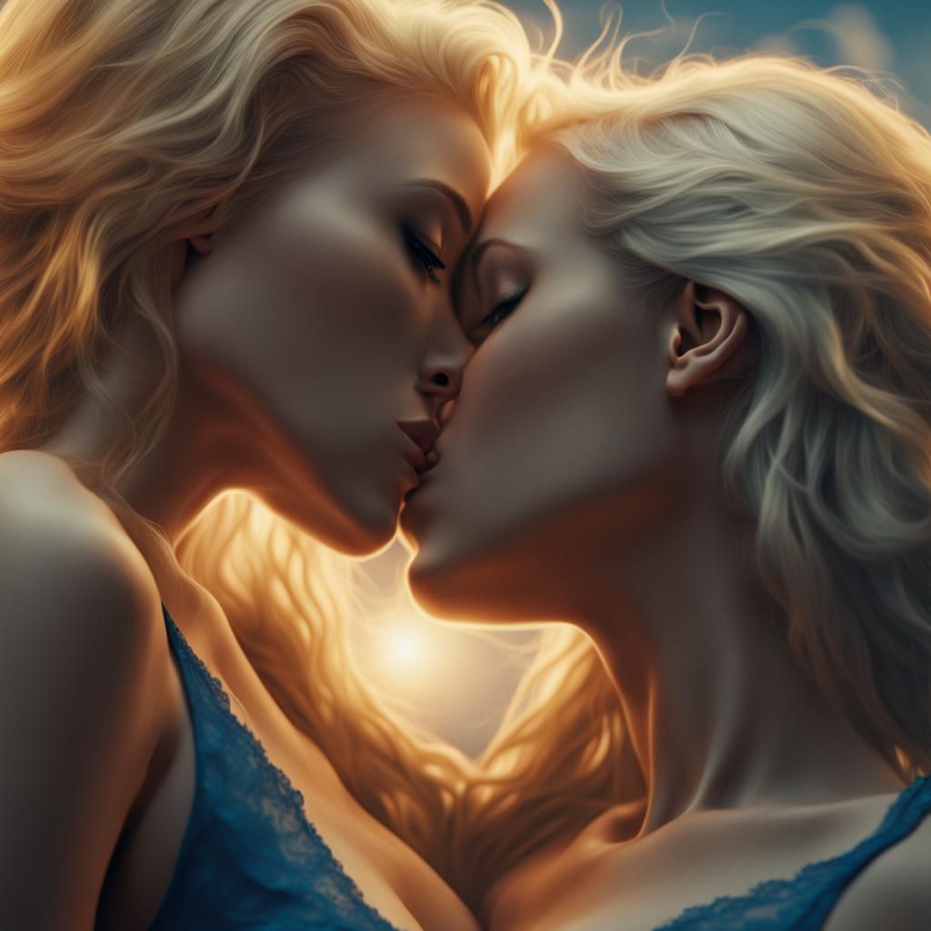 Blond Women Kissing in a Dramatic Digital Painting