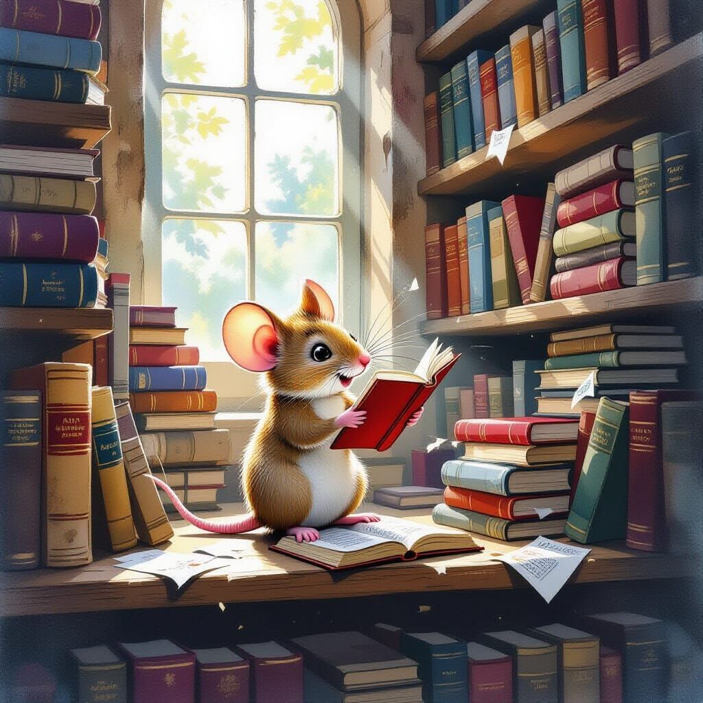 Mischievous Mouse in Library, Watercolor Style
