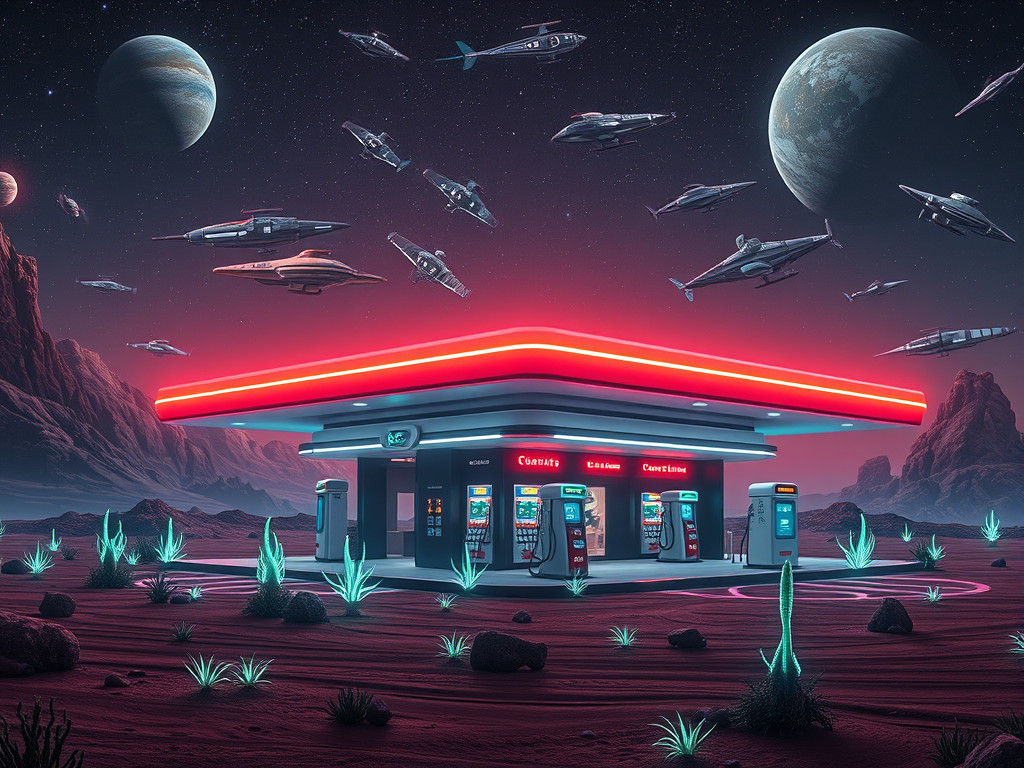 Alien Gas Station with Spaceships in Neon Lights