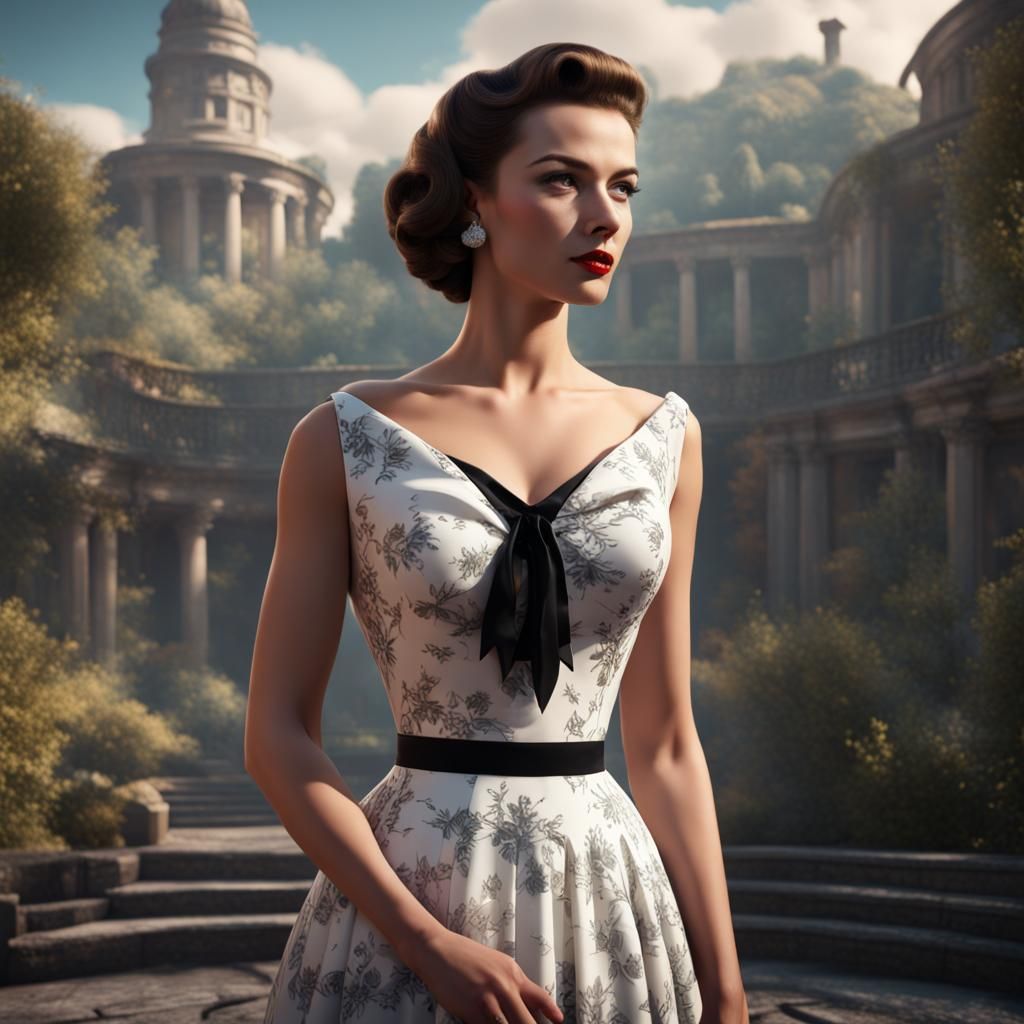 1950s Woman in White and Black Dress