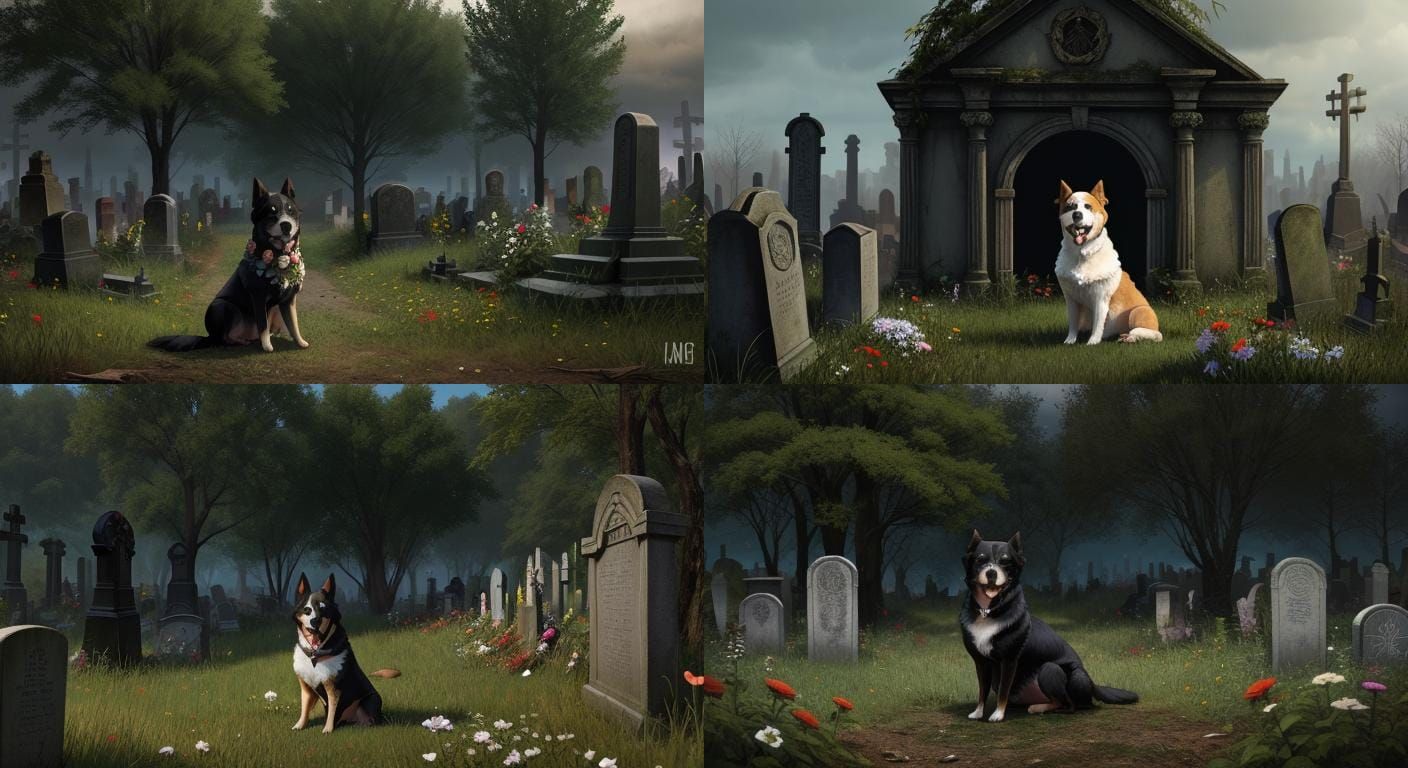 Dog Waits in Post-Apocalyptic Graveyard With Flowers