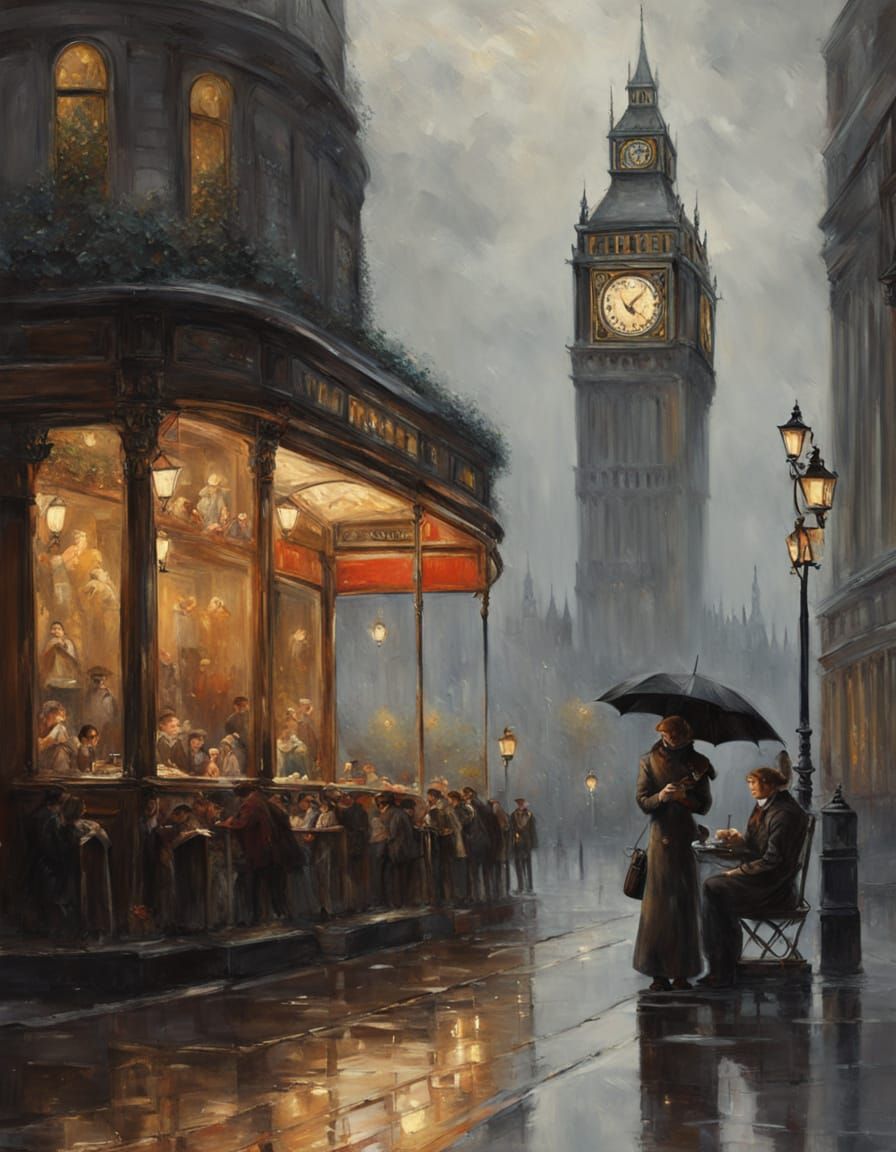 Woman at London Bistro in Rainy Day Impressionistic Oil Pain...