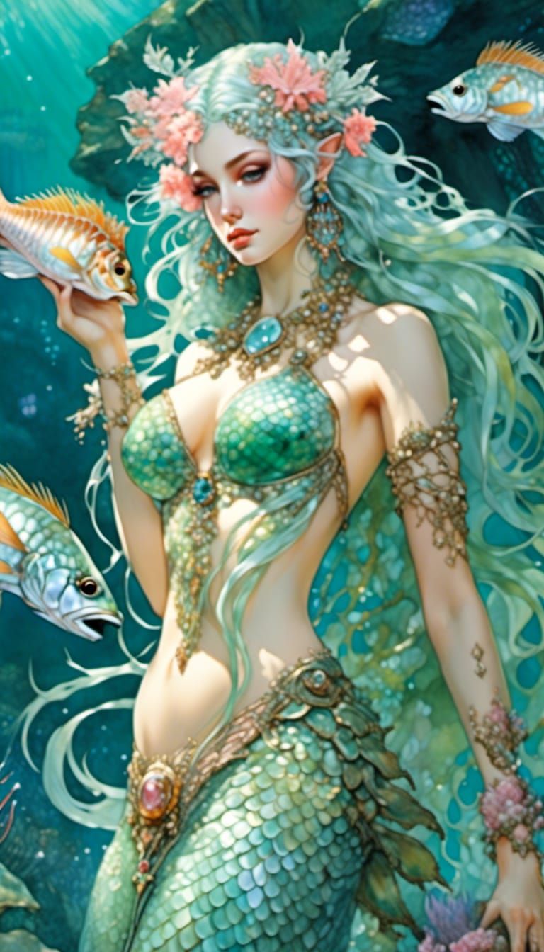 Cyberpunk Mermaid with Jellyfish Hair and Coral Reef