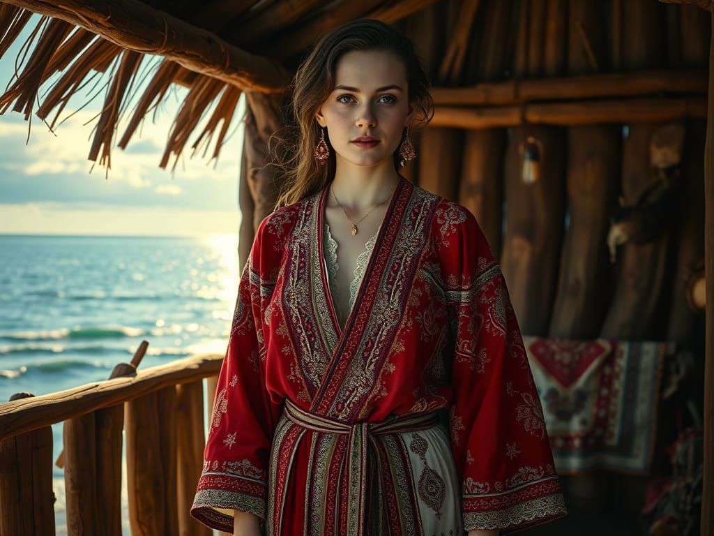 Hungarian Woman in Traditional Dress by the Sea